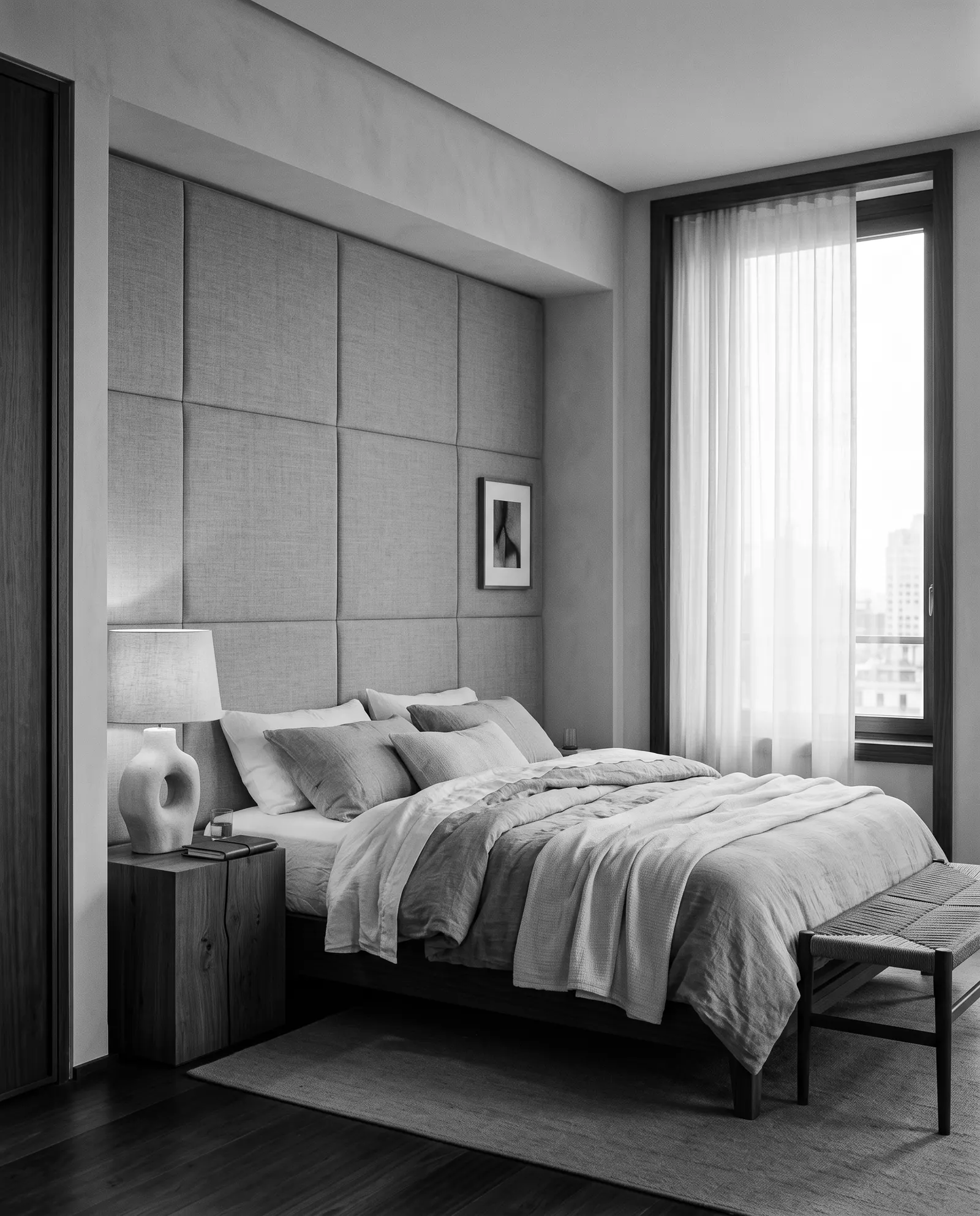 Hotel suite with an upholstered headboard wall and oak bedside tables